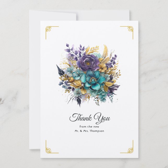 Aquamarine, Lila und goldene Blumenhochzeit Dankeskarte (Vorderseite)