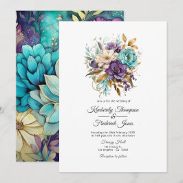 Aquamarine, Lila und goldene Blumenhochzeit Einladung