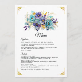 Aquamarine, Lila und goldene Blumenhochzeit Menükarte