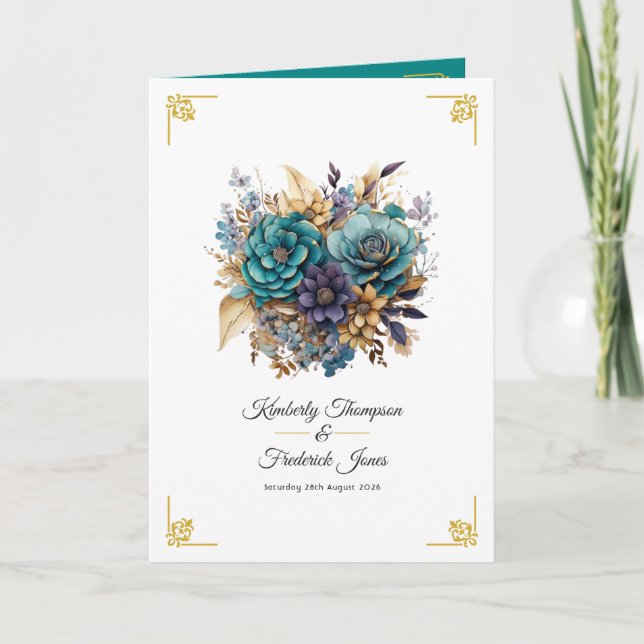 Aquamarine, Lila und goldene Blumenhochzeit Programm (Vorderseite)