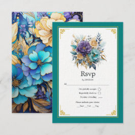 Aquamarine, Lila und goldene Blumenhochzeit RSVP Karte