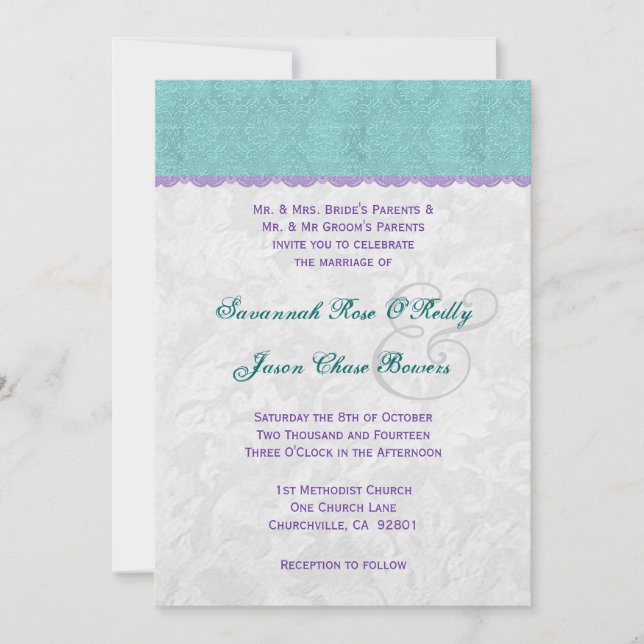 Aquamarine Lila und Silberne Hochzeitsvorlage V01 Einladung (Vorderseite)