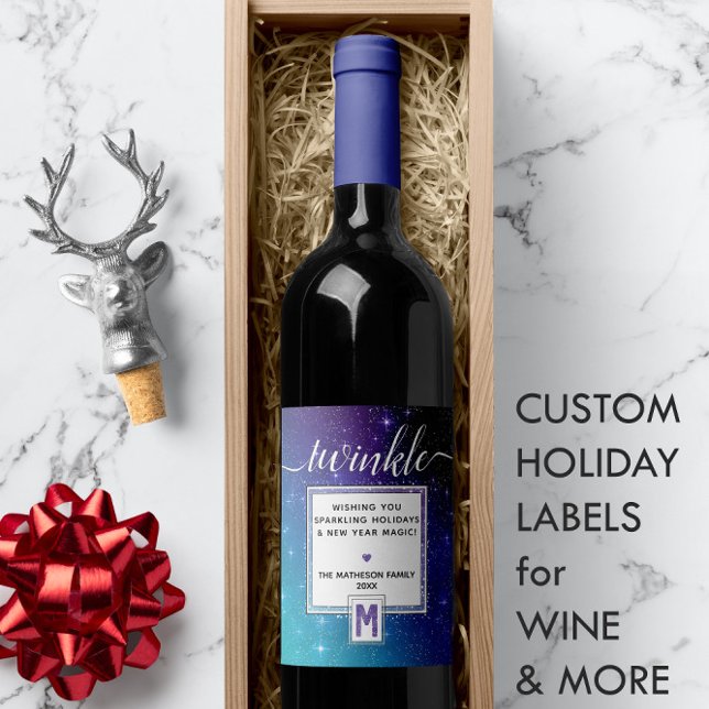 🍷 Aquamarine Lila- und Twinkling-Aquarellmonogram Weinetikett (🍷 Teal Purple & Twinkling Watercolor Monogram Wine Label
)