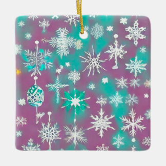 Aquamarine Lila Wasserfarbe Schneeflocken Keramikornament