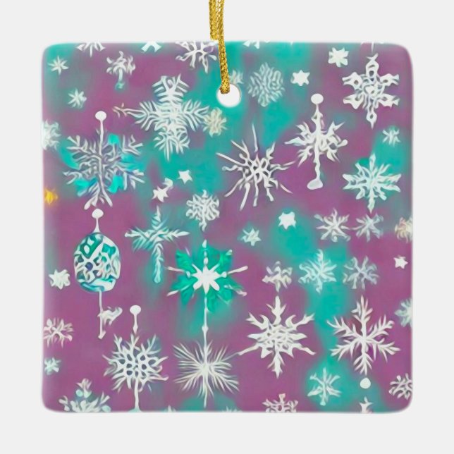 Aquamarine Lila Wasserfarbe Schneeflocken Keramikornament (Vorderseite)