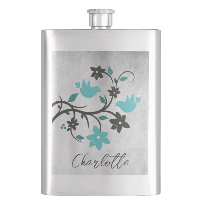 Aquamarine Lovebirds Personalisiert Flasche Flachmann (Vorderseite)