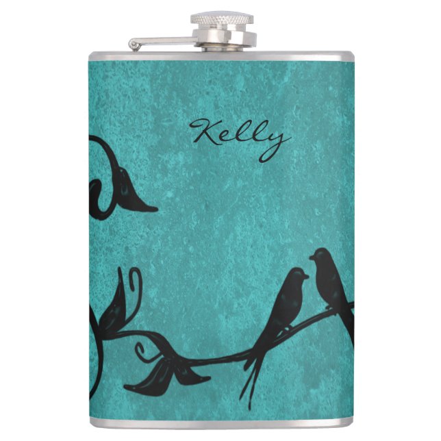Aquamarine Lovebirds Personalisiert Flasche Flachmann (Vorderseite)