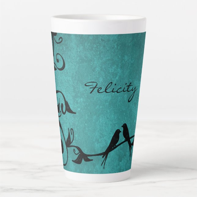 Aquamarine Lovebirds Personalisierte Latte-Tasse Milchtasse (Vorderseite)