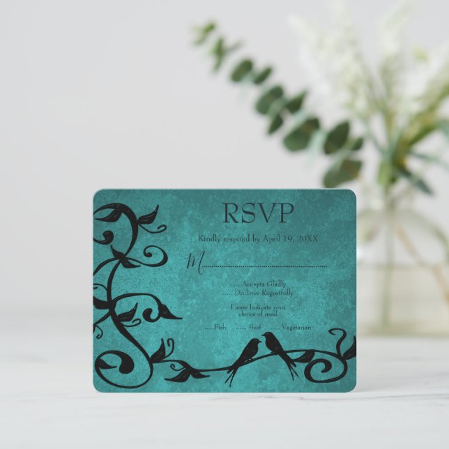 Aquamarine Lovebirds Wedding RSVP Card Karte (Stehend Vorderseite)