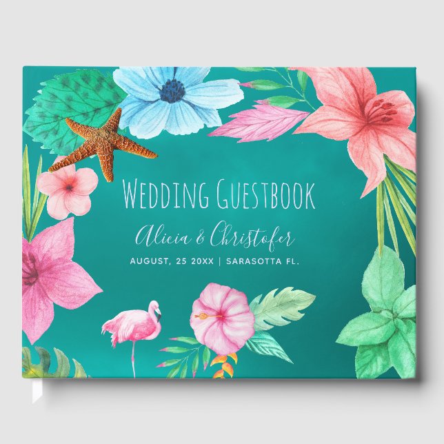 Aquamarine luurische tropische Kranzhochzeit Gästebuch (Vorderseite)