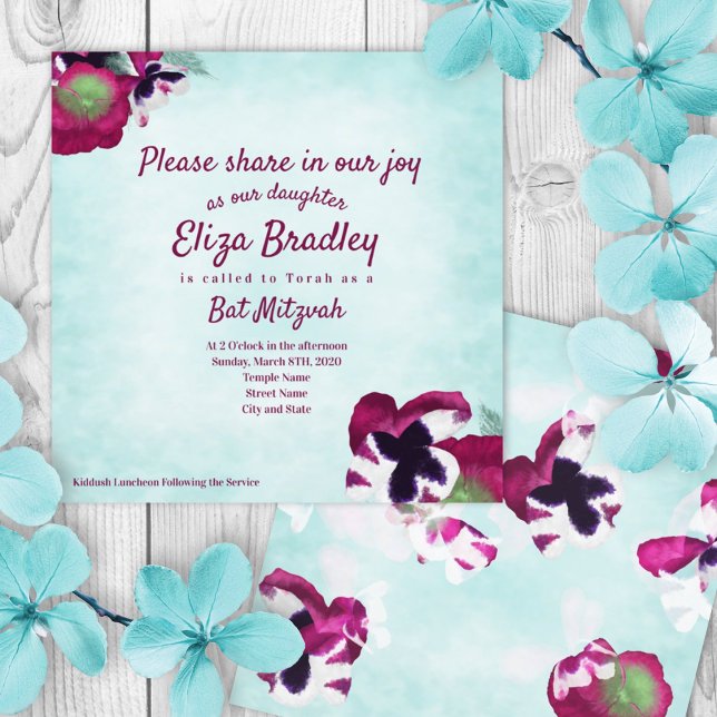 Aquamarine, Magenta Pansies Invitation Bat mitzvah (turquoise, violet purple summer floral bat mitzvah invitation, violet pink script calligraphy)