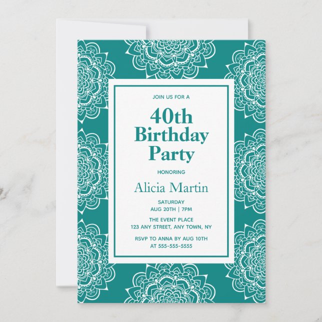Aquamarine Mandala Blume 40. Geburtstag Einladung (Vorderseite)