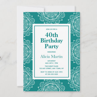 Aquamarine Mandala Blume 40. Geburtstag Einladung