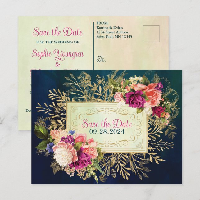 Aquamarine, Marine, Green, Gold kühne Florals Save Postkarte (Vorne/Hinten)