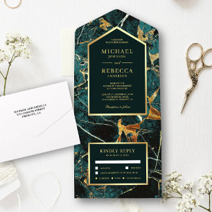 Aquamarine Marmorfeier Imitate Goldfoil Hochzeit All In One Einladung