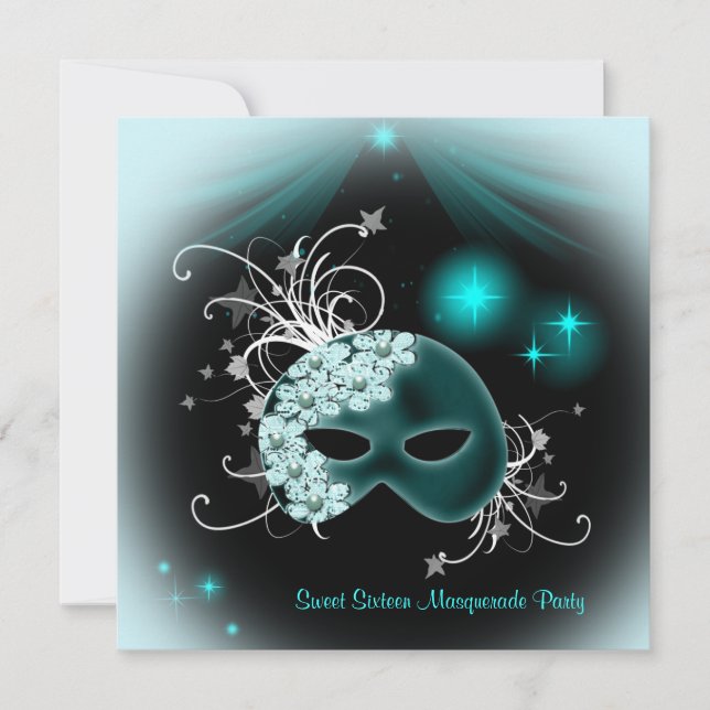 Aquamarine Masken Sweet 16 Masquerade Party Einladung (Vorderseite)