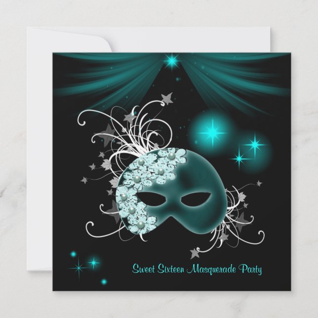 Aquamarine Masken Sweet 16 Masquerade Party Einladung (Vorderseite)