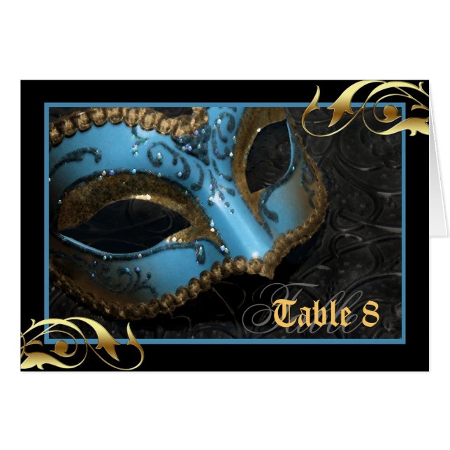 Aquamarine Maskerade-Masken-Tischnummer-Karte (Vorderseite (Horizontal))