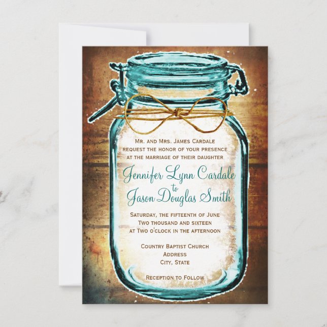 Aquamarine Mason Jar Holz Rustikale Hochzeitseinla Einladung (Vorderseite)