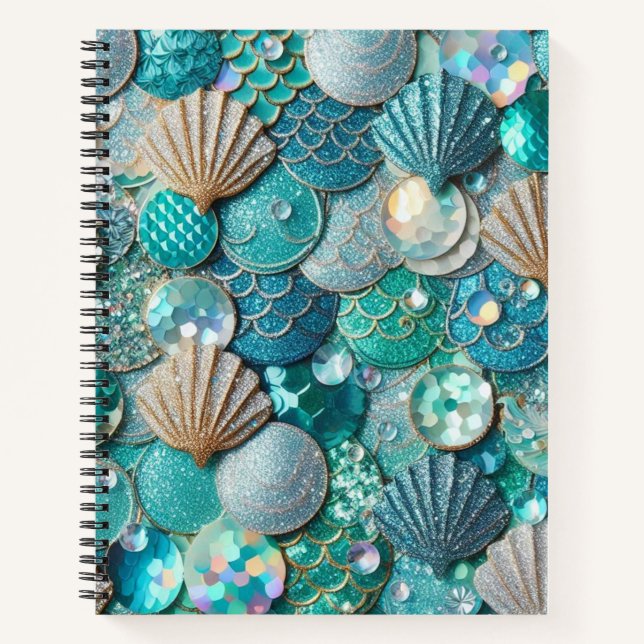 Aquamarine Meerjungenskala und Muscheln Notizbuch (Vorderseite)