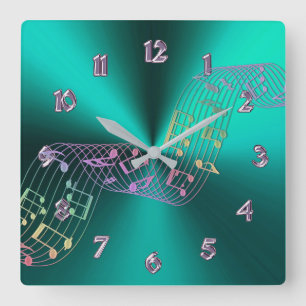 Aquamarine metallische Musiknoten-Uhr Quadratische Wanduhr