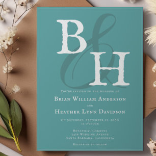 Aquamarine Minimalistische Monogramm-Hochzeit Einladung