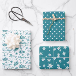 Aquamarine Mitten und Schneeflocken Weihnachtsmust Geschenkpapier Set