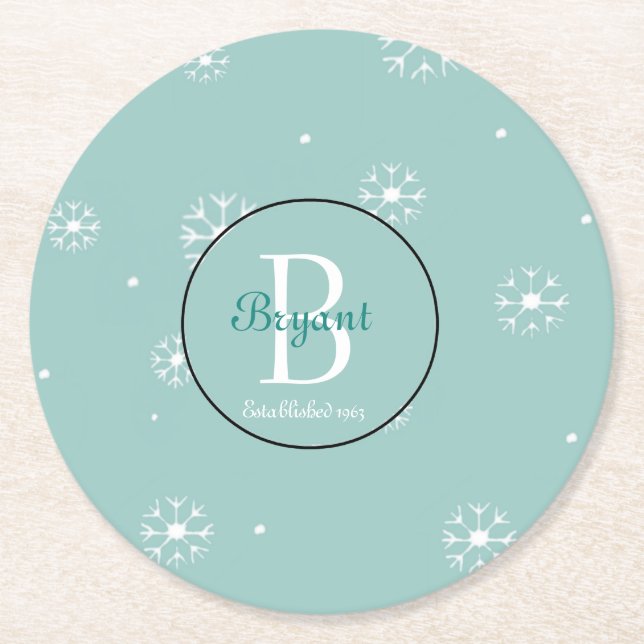Aquamarine Monogram Snowflake Untersetzer (Vorderseite)