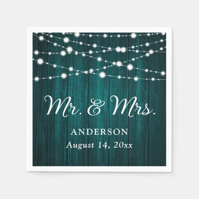 Aquamarine Mr. and Mrs. String Lights Wood Wedding Serviette (Vorderseite)