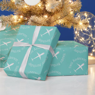 Aquamarine Namensflugzeuge Kinder Happy Birthday Geschenkpapier