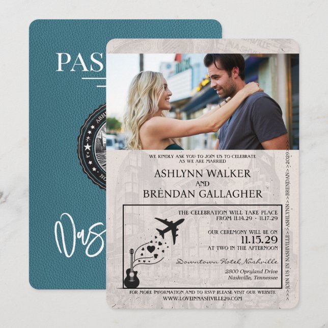 Aquamarine Nashville Passport Wedding Einladung (Vorne/Hinten)