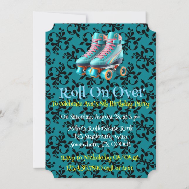 Aquamarine Neon Rollerskate Geburtstagspartei Einladung (Vorderseite)