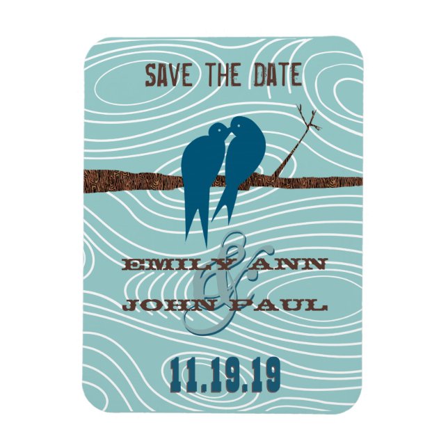 Aquamarine Niedliche Kissing Love Birds im Baum Magnet (Vertikal)