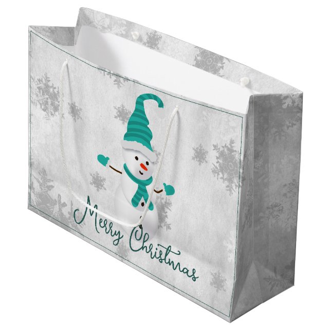 Aquamarine Niedliche Snowman Holiday-Geschenktasch Große Geschenktüte (Vorderseite Schrägansicht)