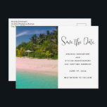 Aquamarine Ocean Tropical Beach Scenic Ankündigungspostkarte<br><div class="desc">Save the date postcard with a beautiful photograph. A scenic tropical beach with aquamarine water and a white sandy beach with a lush forest in the back. A solitary umbrella available for those who love seclusion.</div>
