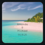 Aquamarine Ocean Tropical Beach Scenic Wedding Quadratischer Aufkleber<br><div class="desc">Wedding stickers with a beautiful photograph. A scenic tropical beach with aquamarine water and a white sandy beach with a lush forest in the back. A solitary umbrella available for those who love seclusion.</div>