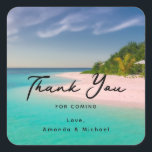 Aquamarine Ocean Tropical Beach Wedding Thank You Quadratischer Aufkleber<br><div class="desc">Thank you party stickers with a beautiful photograph. A scenic tropical beach with aquamarine water and a white sandy beach with a lush forest in the back. A solitary umbrella available for those who love seclusion.</div>