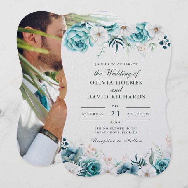 Aquamarine Off-White-Wildblumen-Foto-Hochzeit Einladung (Vorne/Hinten)