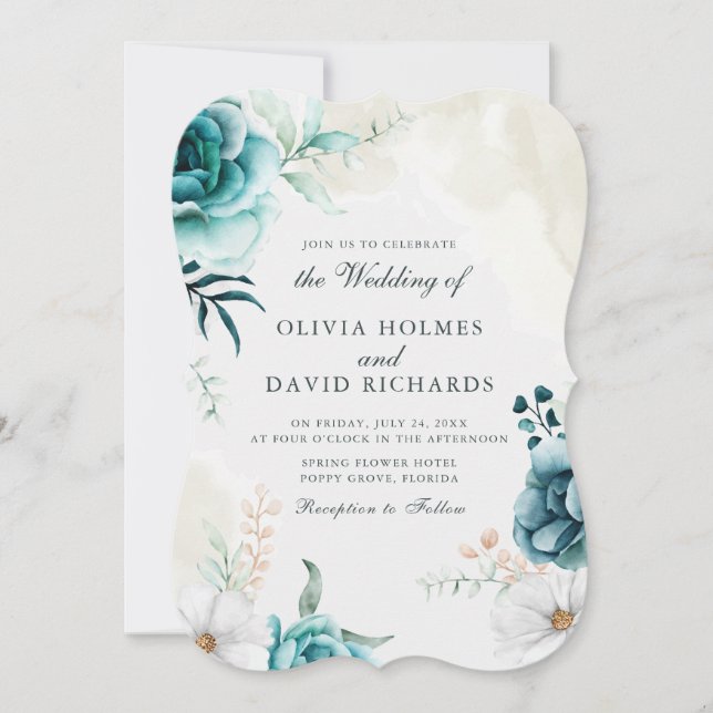 Aquamarine Offweiße Wildblumen Foto Hochzeit Einla Einladung (Vorderseite)
