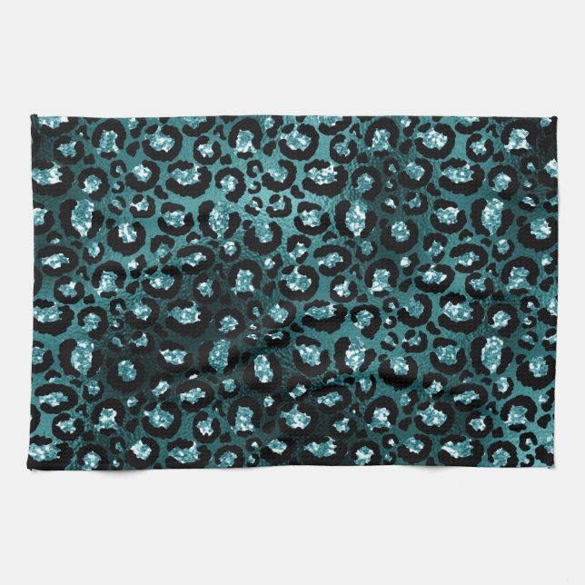 Aquamarine Ombre- und Black Glam Glitzer Leopard S Geschirrtuch (Horizontal)