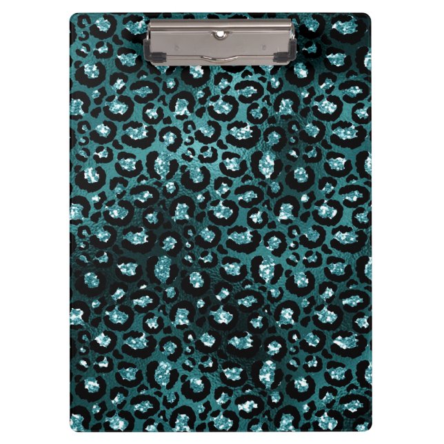 Aquamarine Ombre- und Black Glam Glitzer Leopard S Klemmbrett (Vorderseite)
