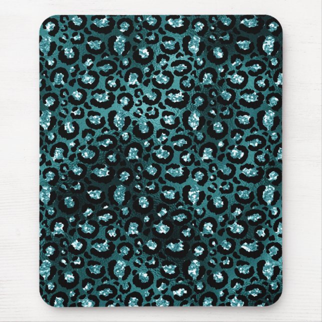 Aquamarine Ombre- und Black Glam Glitzer Leopard S Mousepad (Vorne)