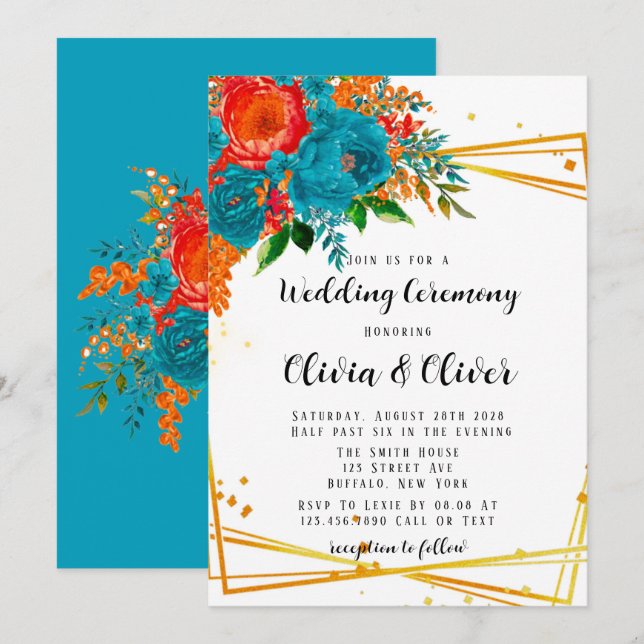 Aquamarine Orange Botanical Florals Gold Wedding Einladung (Vorne/Hinten)
