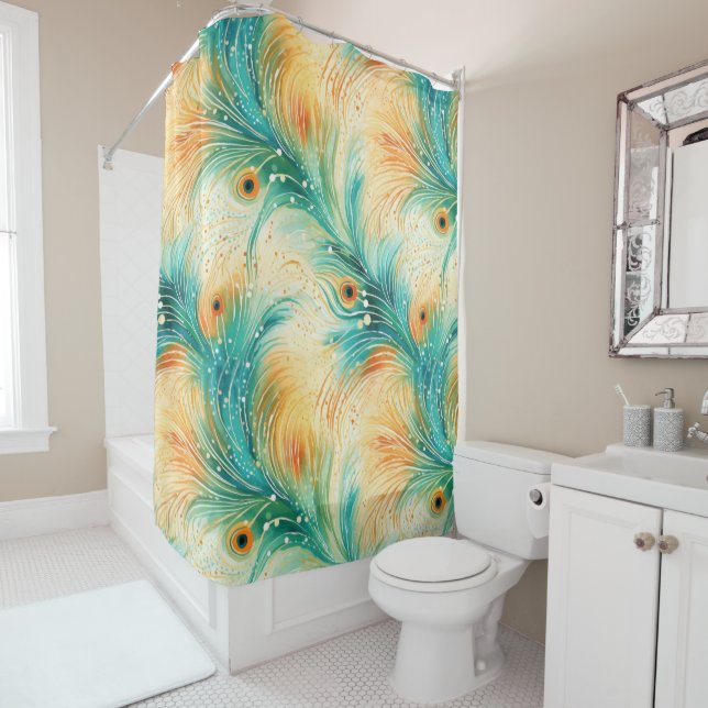 Aquamarine Orange Cream Peacock Feathers Duschvorhang (Beispiel)