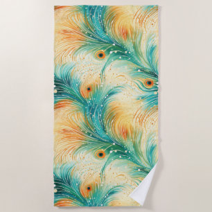 Aquamarine Orange Cream Peacock Feathers Strandtuch
