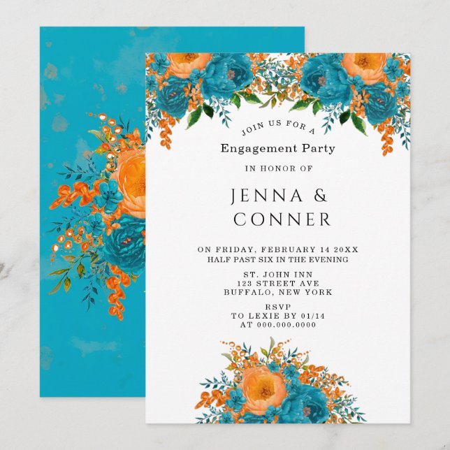 Aquamarine Orange Painted Floral Engagement Party Einladung (Vorne/Hinten)