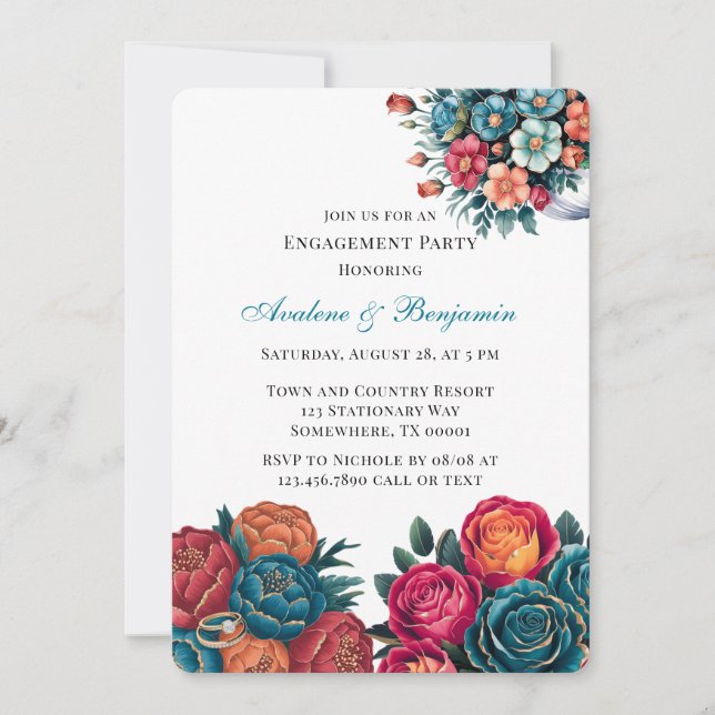 Aquamarine Orange Red Peony Bouquet Engagement Par Einladung (Vorderseite)