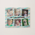 Aquamarine Orangenstreifen-Reihe FotoCollage<br><div class="desc">Dieses bunte Foto-Puzzle ist ein lustiges Geschenk für jede Familie. Es bietet 6 Fotorahmen für Bilder von Kindern und Familienmitgliedern. Der Hintergrund ist aquamarin,  rot und orangefarben. Benutzerdefinierter Text erlaubt es Ihnen,  mit Ihrem Familiennamen zu personalisieren.</div>