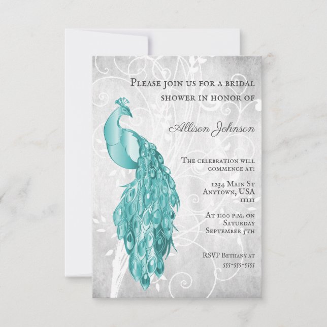 Aquamarine Peacock Bridal Dusche Einladung (Vorderseite)