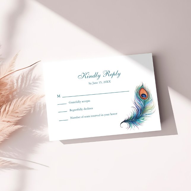 Aquamarine Peacock Feather Wedding RSVP Card Dankeskarte (Teal Peacock Feather Wedding RSVP Card on a white table.)